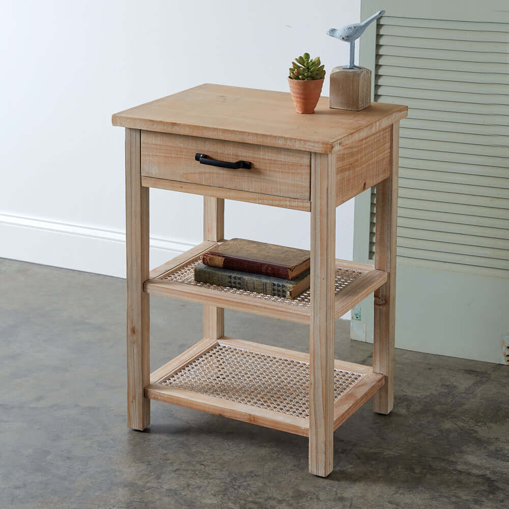 Wood Nightstand with Two Cane Shelves and Drawer