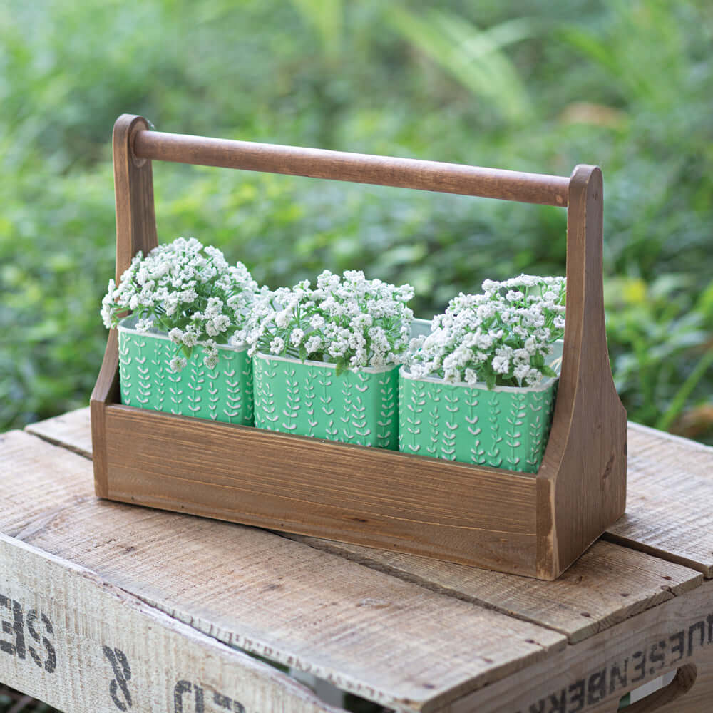 Wooden Carrier with Three Metal Flower Pots