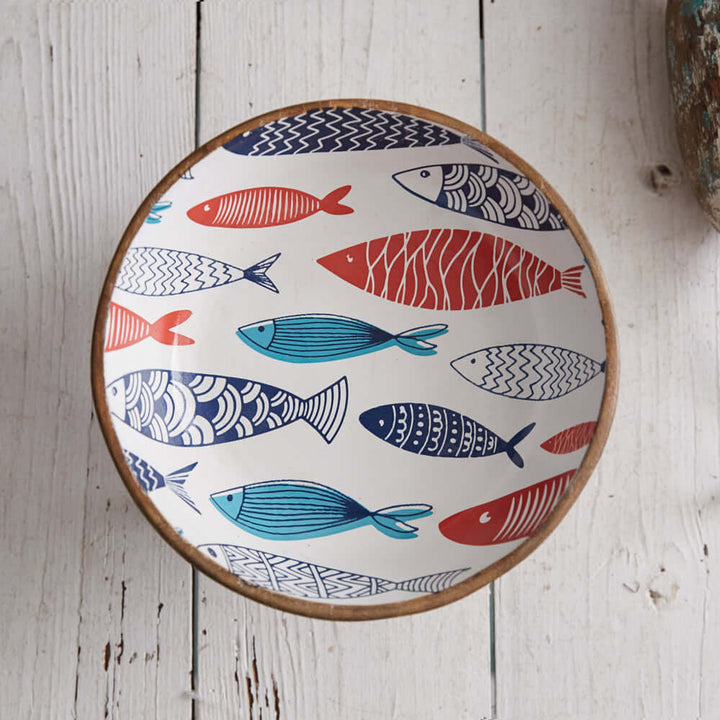 Wooden Mid-Century Modern Bowl with Fish