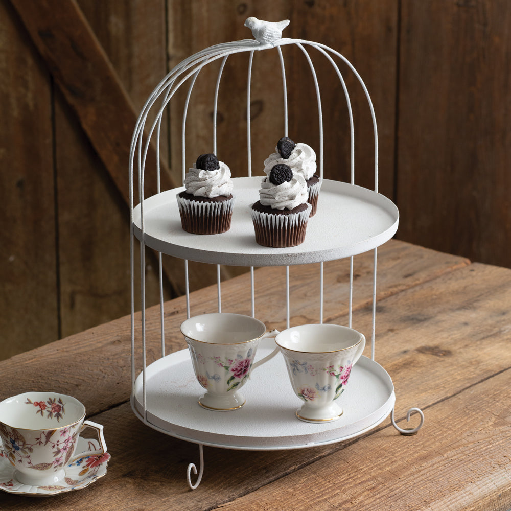 Metal Birdcage Dessert Tray with Two Tiers in White-Kitchen-Vintage Shopper