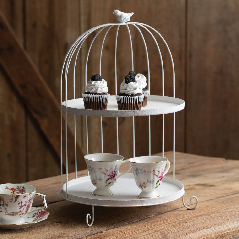 Metal Birdcage Dessert Tray with Two Tiers in White-Kitchen-Vintage Shopper