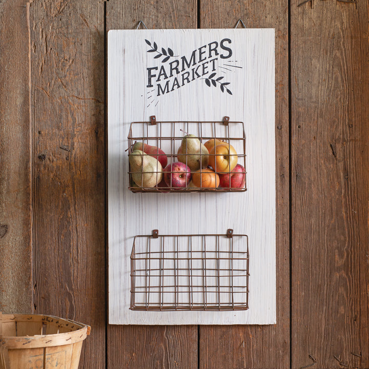 Vintage Farmers Market Sign with Hanging Wall Baskets-Wall Decor-Vintage Shopper