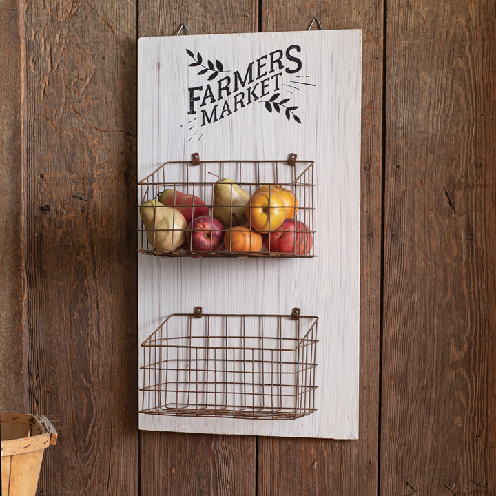 Vintage Farmers Market Sign with Hanging Wall Baskets-Wall Decor-Vintage Shopper