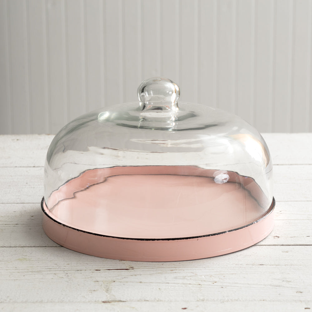 Vintage Inspired Glass Dessert Cloche with Pink Metal Tray-Kitchenware-Vintage Shopper