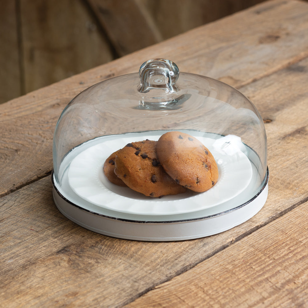 Vintage Inspired Glass Dessert Cloche with White Metal Tray-Kitchenware-Vintage Shopper