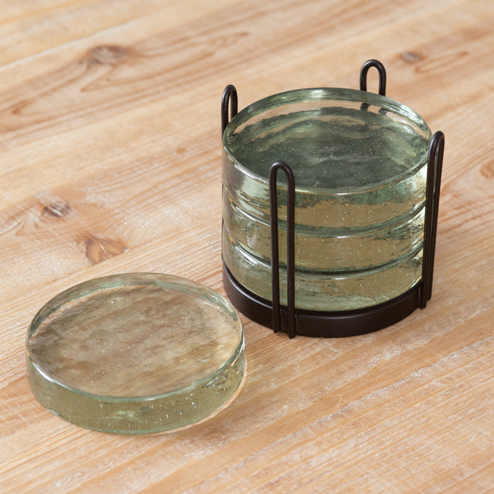Handmade Glass Coasters and Black Metal Caddy (4 coasters)-Kitchenware-Vintage Shopper