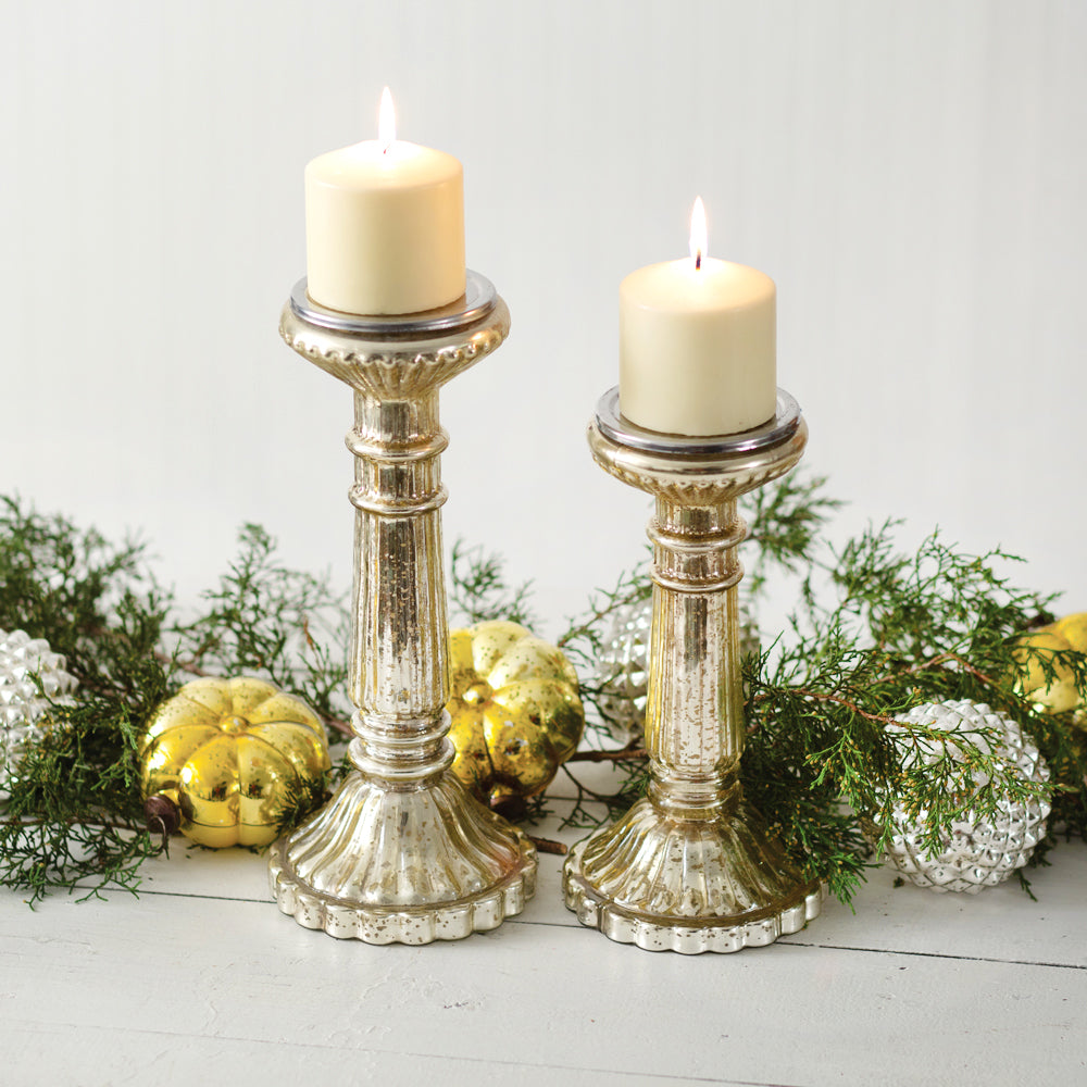 Metallic Gold Mercury Glass Pillar Candle Holders (Set of 2)-Lighting-Vintage Shopper