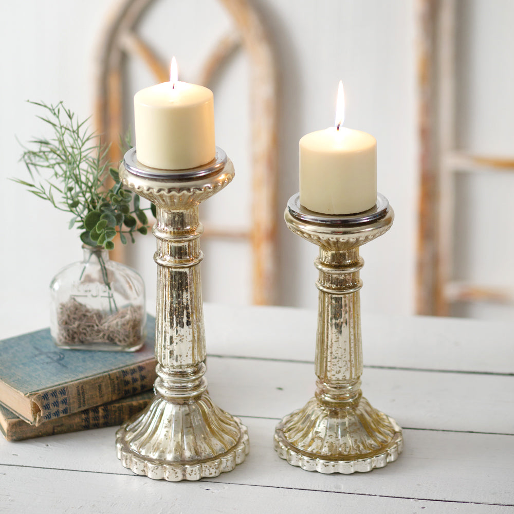 Metallic Gold Mercury Glass Pillar Candle Holders (Set of 2)-Lighting-Vintage Shopper