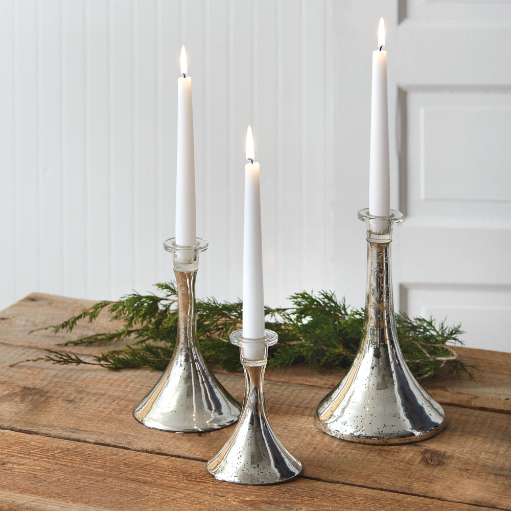 Distressed Silver Mercury Glass Taper Candle Holders (Set of 3)-Lighting-Vintage Shopper