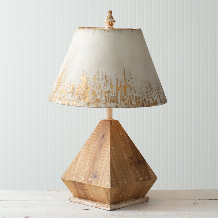 Table Lamp with Wooden Base and Golden Flaked Metal Shade-Lighting-Vintage Shopper