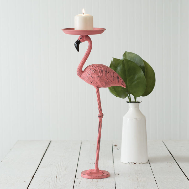 Flamingo Candleholder Statue in Pink Cast Iron-Candleholder-Vintage Shopper