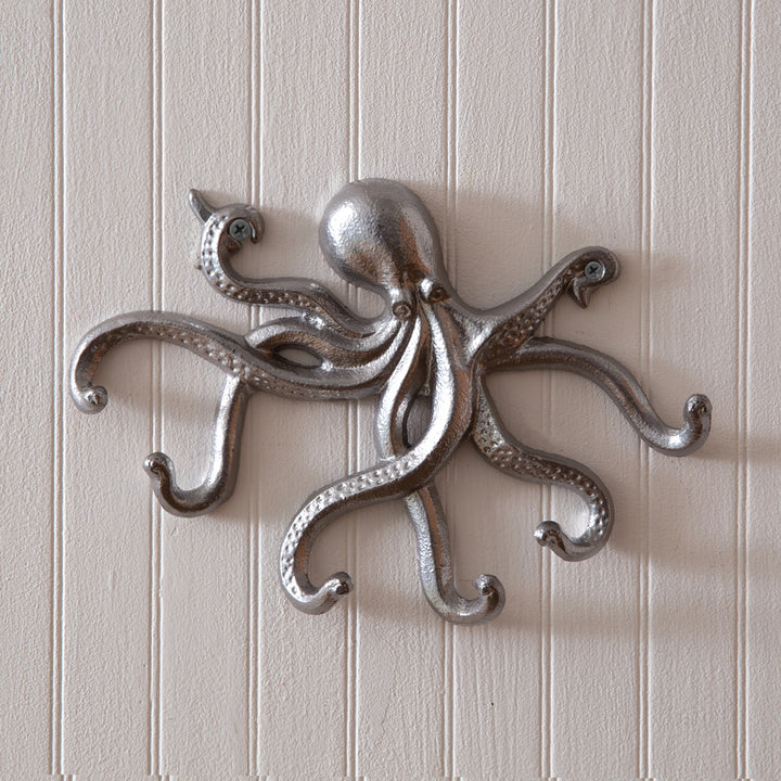 Nautical Silver Octopus Wall Hooks (Set of 2)-Wall Decor-Vintage Shopper