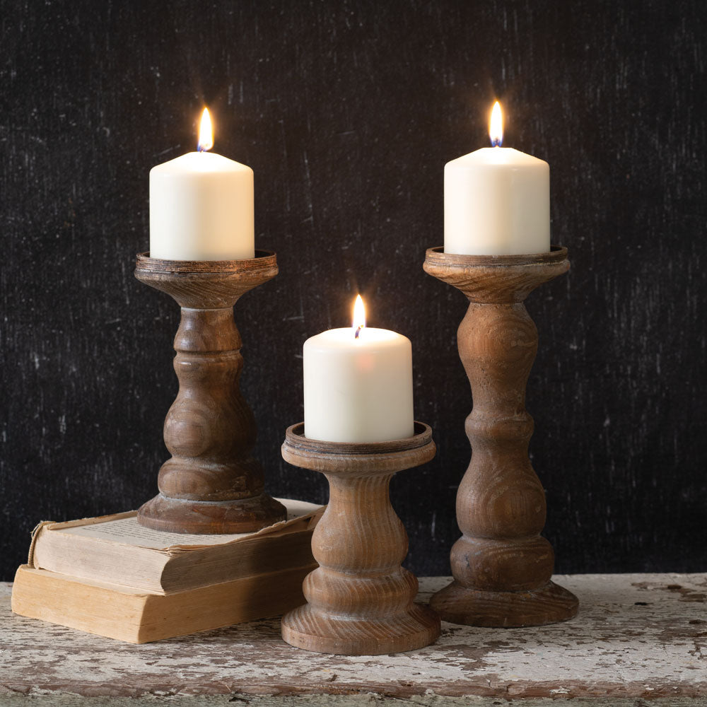 Rustic Pillar Candle Holders in Wood (Set of 3)-Candleholder-Vintage Shopper