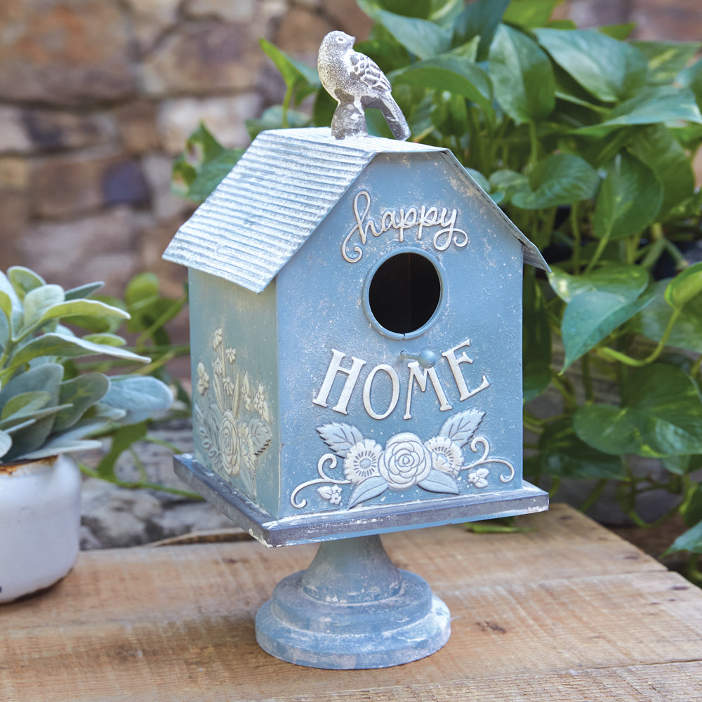 Happy Home Pedestal Birdhouse with Flowers-Outdoor Décor-Vintage Shopper