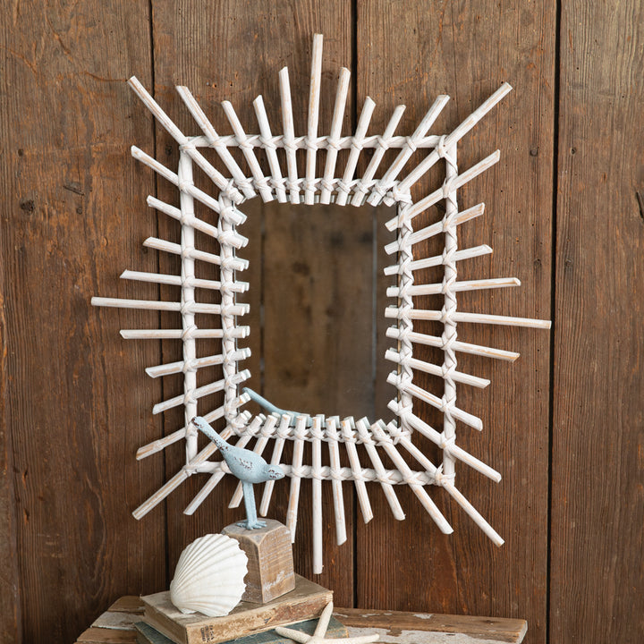 Rectangle Rattan Sunburst Wall Mirror in White-Mirror-Vintage Shopper
