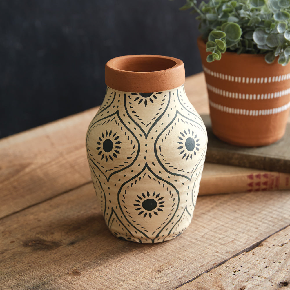 Handmade Aztec Sunburst Terra Cotta Vase-Tabletop-Vintage Shopper
