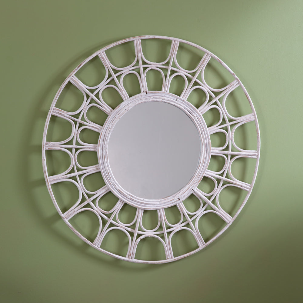 Round Rattan Wall Mirror in White-Mirror-Vintage Shopper