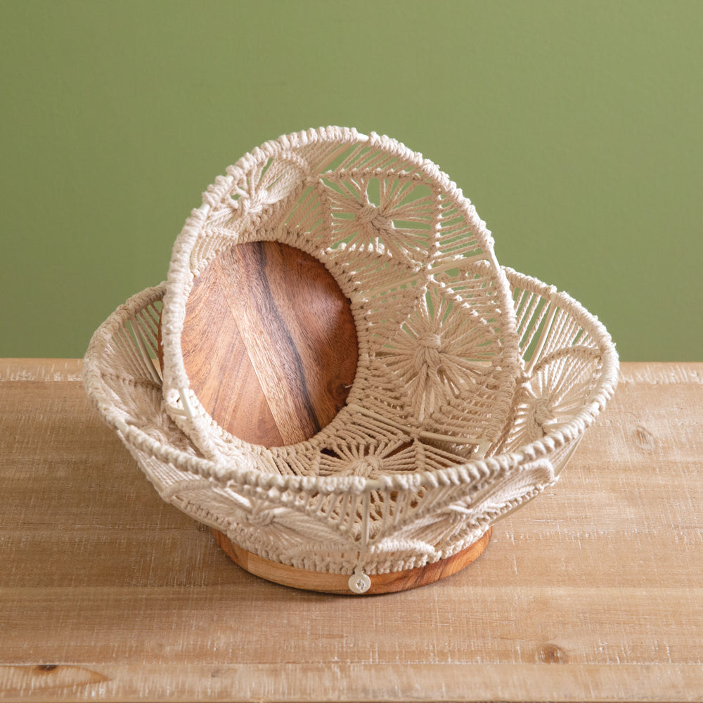 Boho Handwoven Wood and Macramé Bowls (Set of 2)-Kitchenware-Vintage Shopper