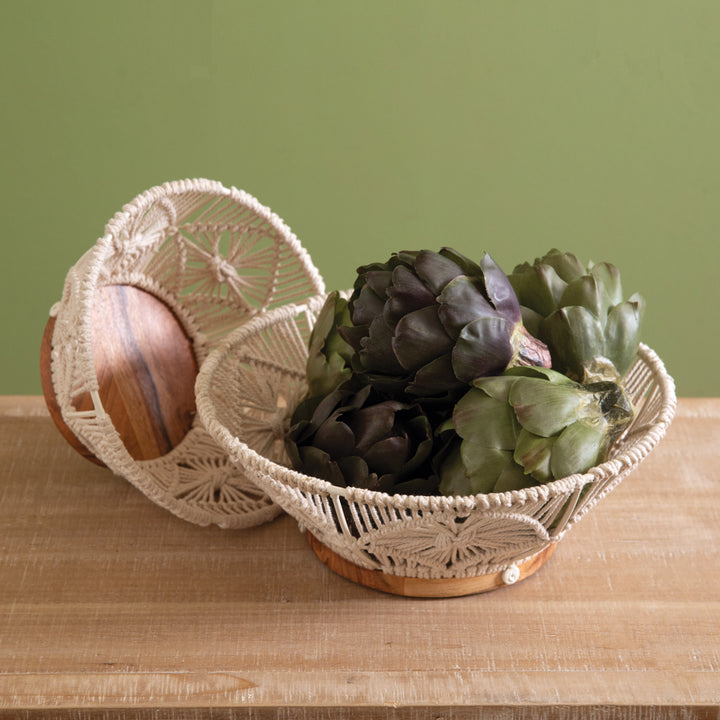 Boho Handwoven Wood and Macramé Bowls (Set of 2)-Kitchenware-Vintage Shopper