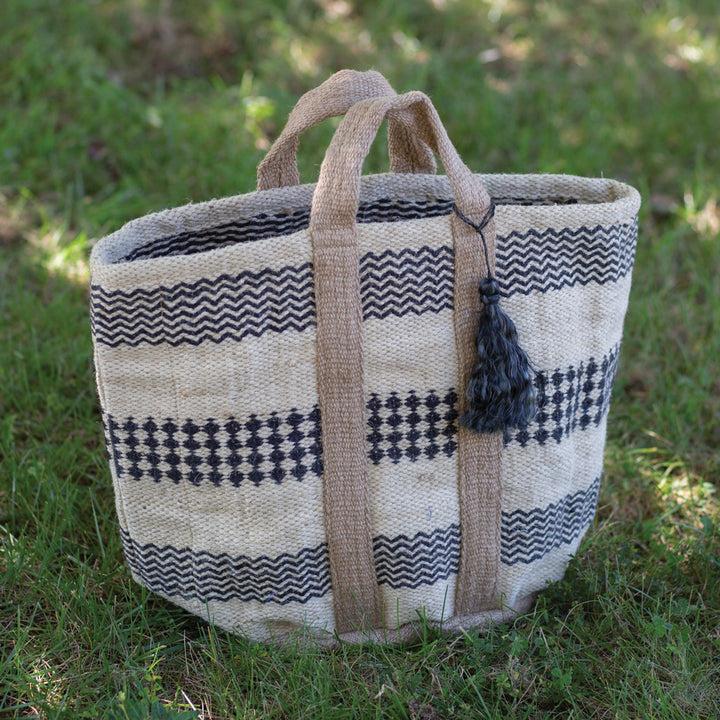 Boho Handwoven Jute Tote Bag with Black Patterns and Tassel-Bag-Vintage Shopper
