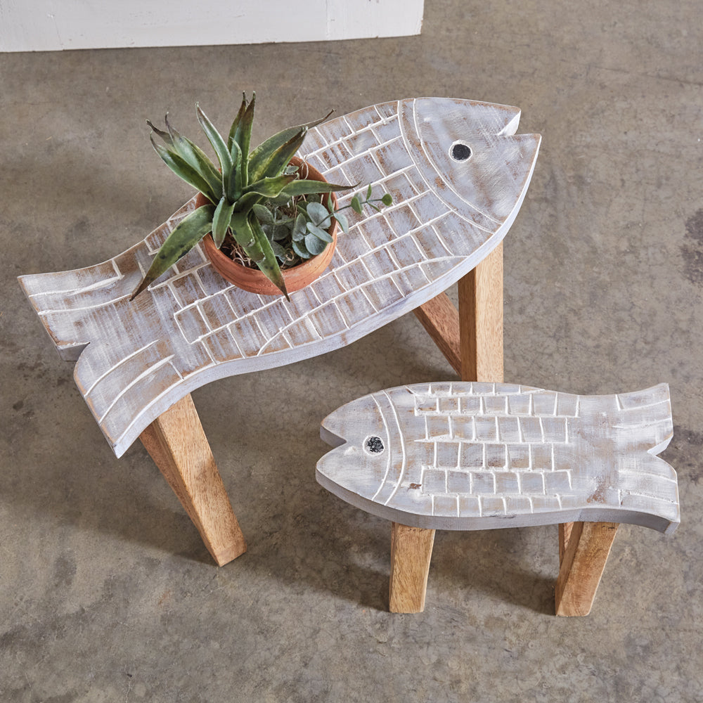 Hand-Carved Wood Fish Tables (Set of 2)-Home Decor-Vintage Shopper