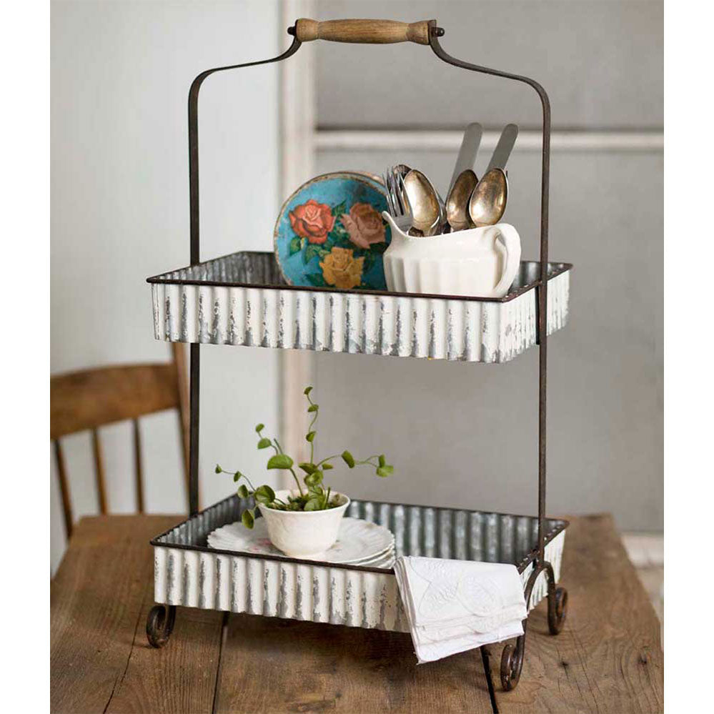 Farmhouse Two-Tier Tabletop Caddy in Distressed White-Kitchen-Vintage Shopper