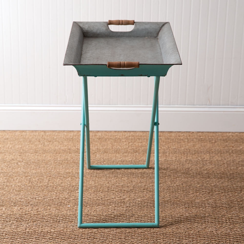 Farmhouse Metal Folding Tray Table in Turquoise-Furniture-Vintage Shopper