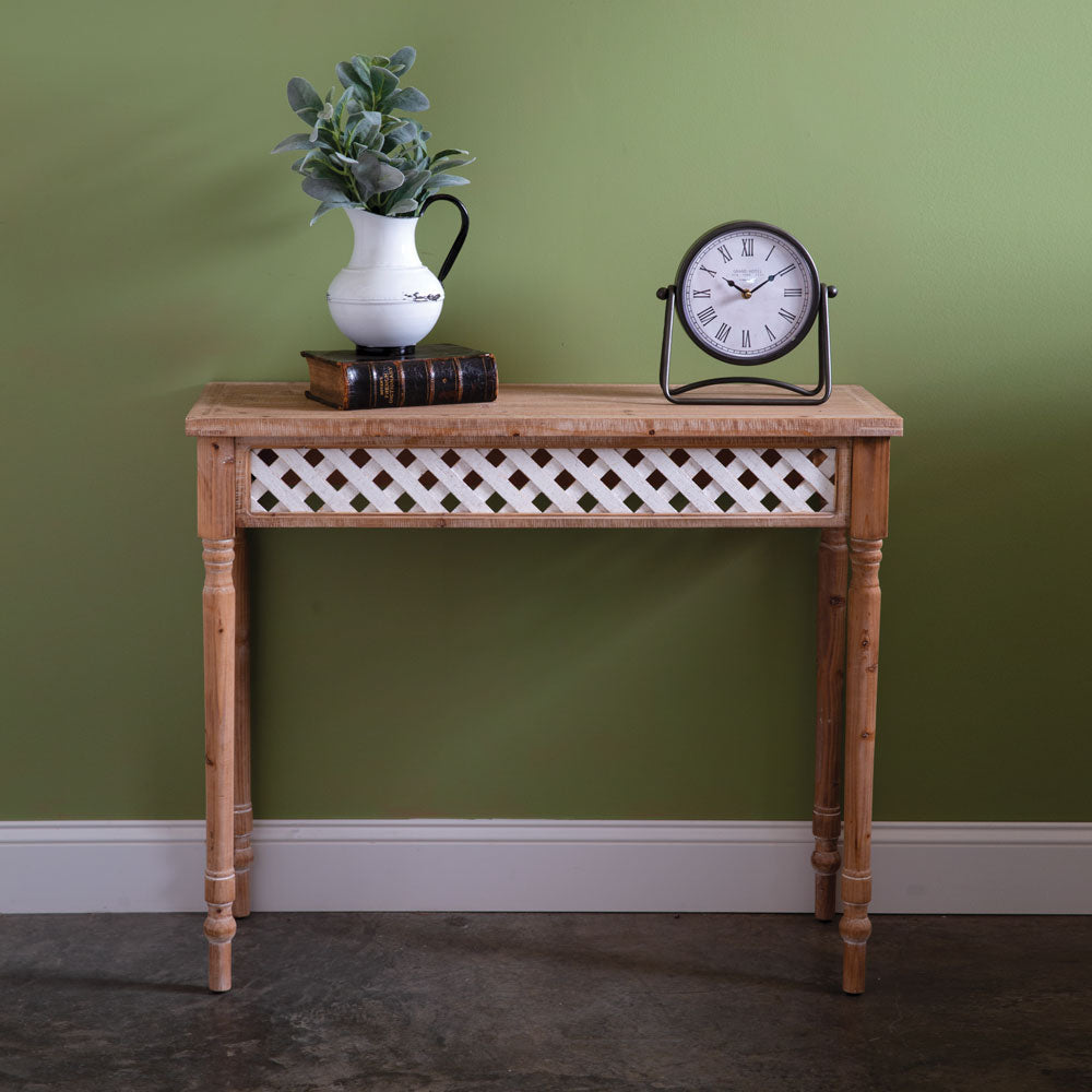 Rustic Wooden Console Table with White Lattice-Home Decor-Vintage Shopper