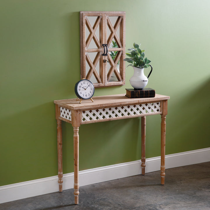 Rustic Wooden Console Table with White Lattice-Home Decor-Vintage Shopper
