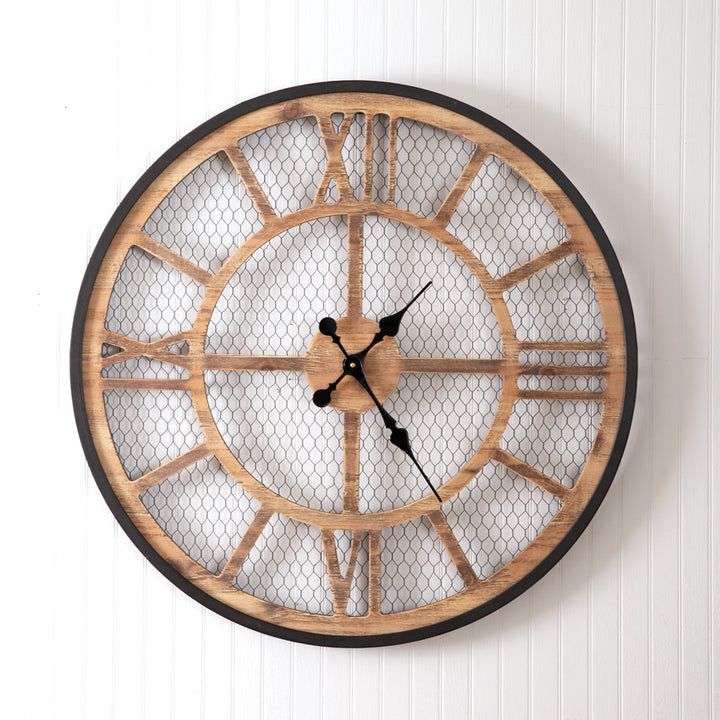 Round Rustic Farmhouse Chicken Wire Wall Clock-Clocks-Vintage Shopper