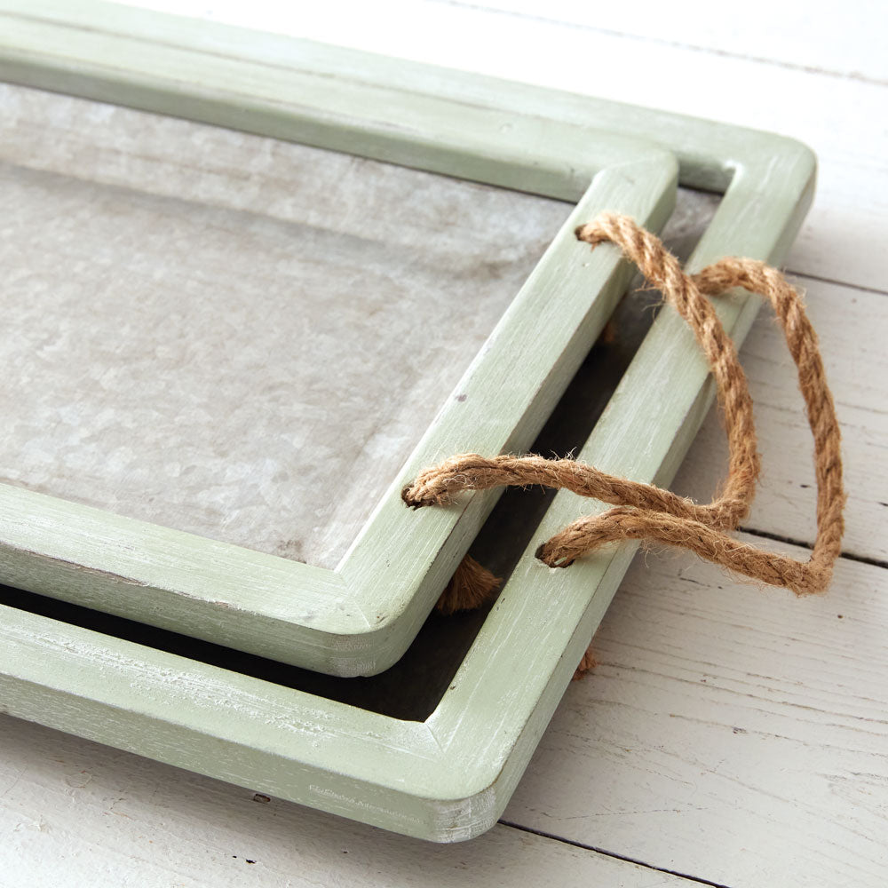 Galvanized Metal Serving Trays with Rope Handles (Set of 2)-Kitchen-Vintage Shopper