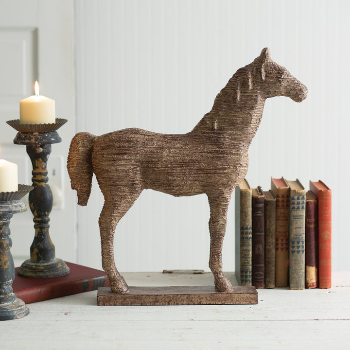 Rustic Horse Statue in Distressed Faux Wood-Statues-Vintage Shopper