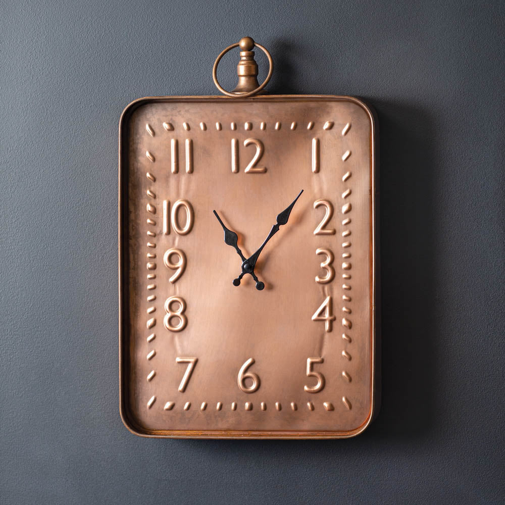 Faux Copper Rectangular Wall Clock with Embossed Numbers-Clocks-Vintage Shopper