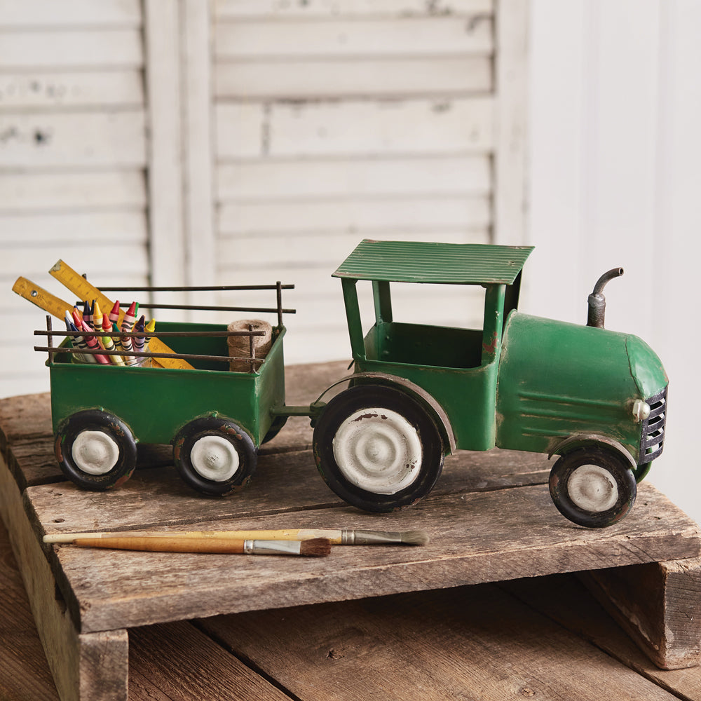 Green Farm Tractor with Trailer Organizer-Storage-Vintage Shopper
