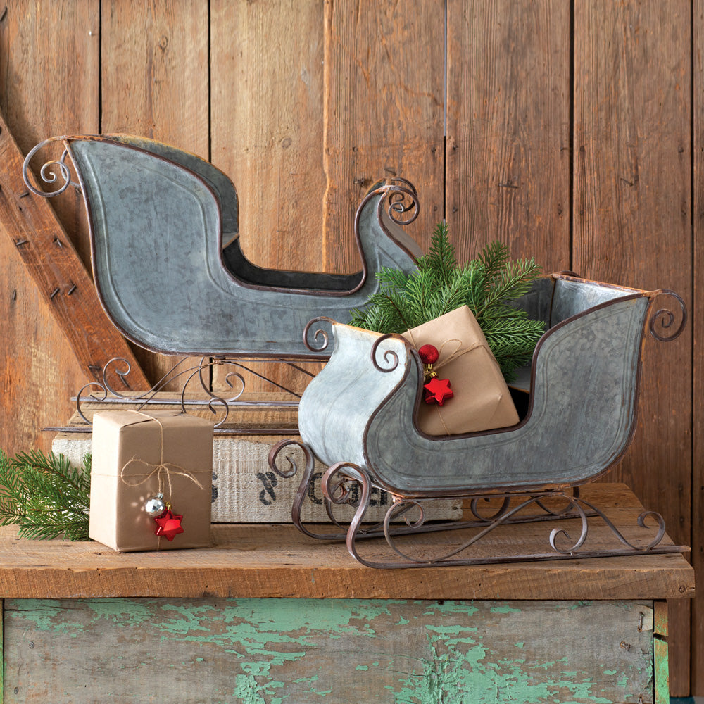 Vintage Decorative Christmas Sleighs in Galvanized Metal (Set of 2)-Home Decor-Vintage Shopper