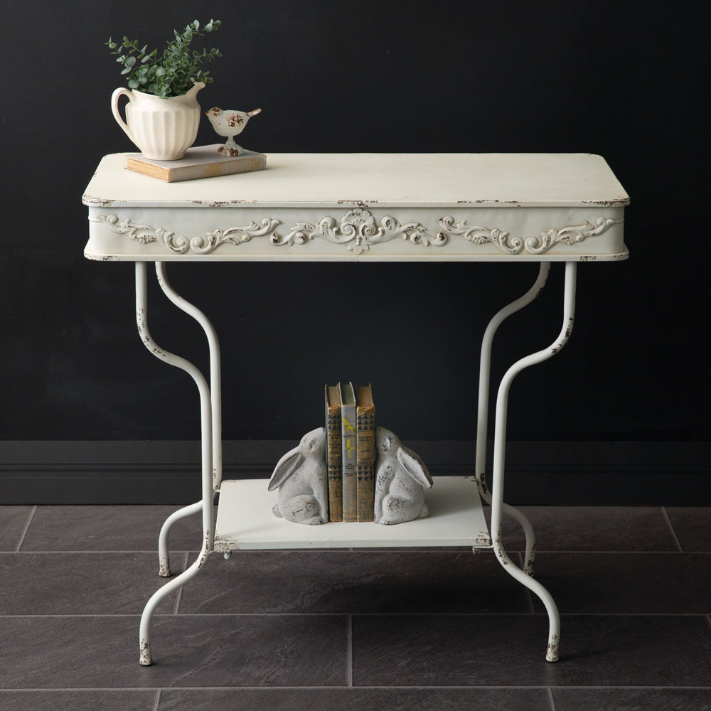 Shabby Chic Metal Console Table With Floral Motif-Home Decor-Vintage Shopper