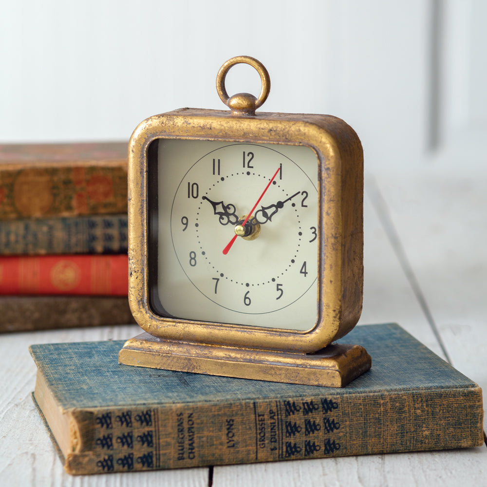 Vintage Inspired Square Tabletop Clock in Distressed Gold-Clocks-Vintage Shopper