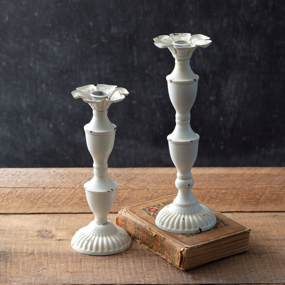 Distressed White Metal Shabby Chic Candlestick Holders (Set of 2)-Lighting-Vintage Shopper