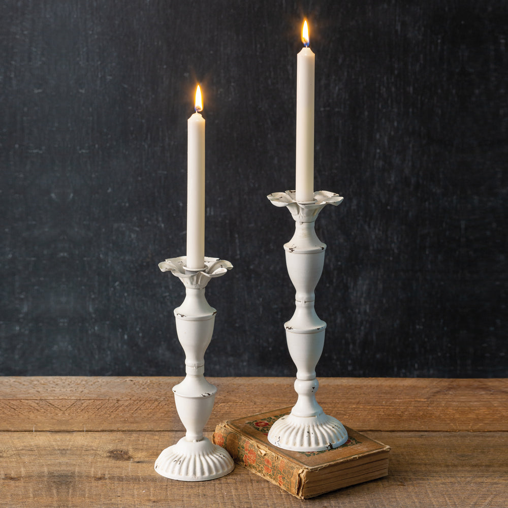Distressed White Metal Shabby Chic Candlestick Holders (Set of 2)-Lighting-Vintage Shopper