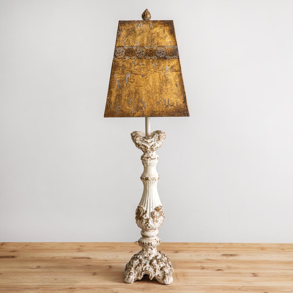 Distressed Antique French Country Lamp & Metal Shade-Lighting-Vintage Shopper