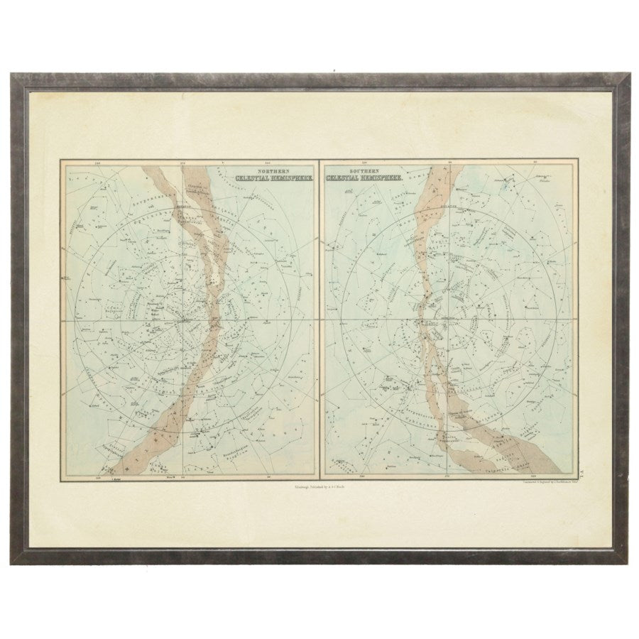 Antique Celestial Hemispheres Constellations Map Artwork in Pewter Shadowbox Frame-Art-Vintage Shopper