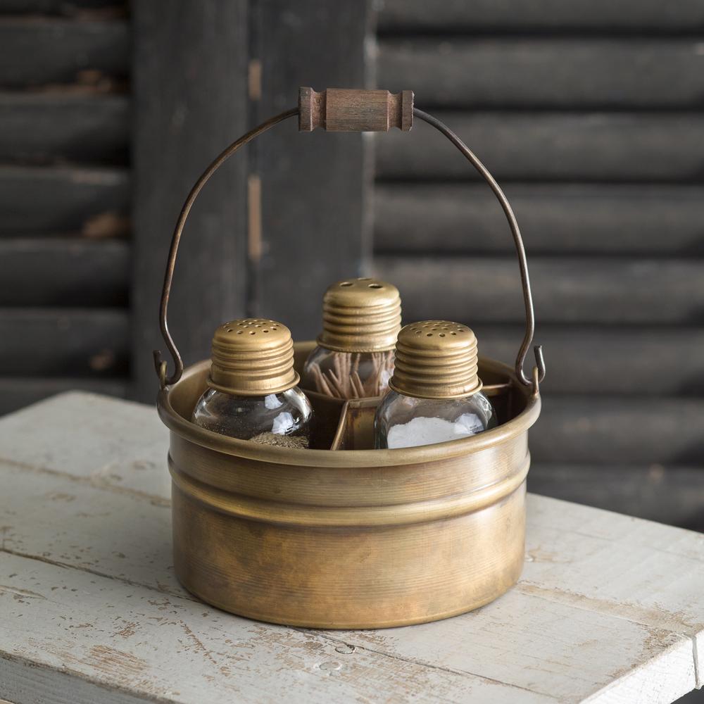 Vintage Salt Pepper and Toothpick Caddy in Antique Brass-Kitchenware-Vintage Shopper