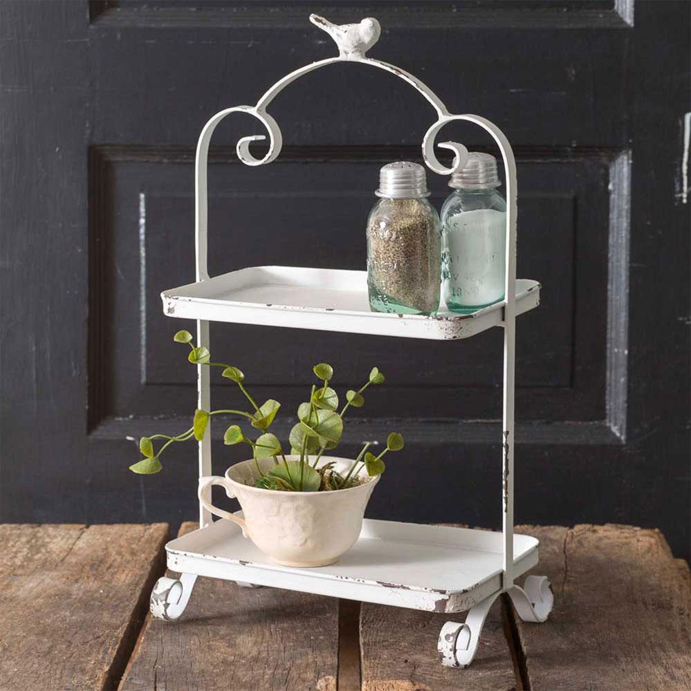 White Shabby Chic Two-Tier Caddy with Bird-Home Decor-Vintage Shopper